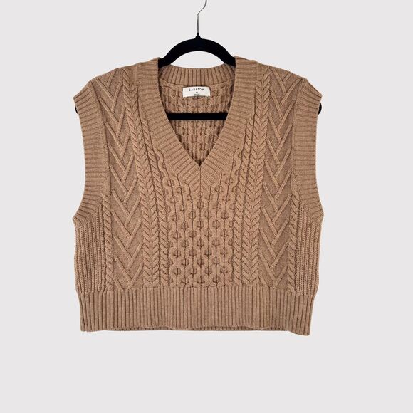Aritzia Babaton Vest Brown Emporia Cable Merino Wool V Neck Cropped Sweater XS - Picture 1 of 9